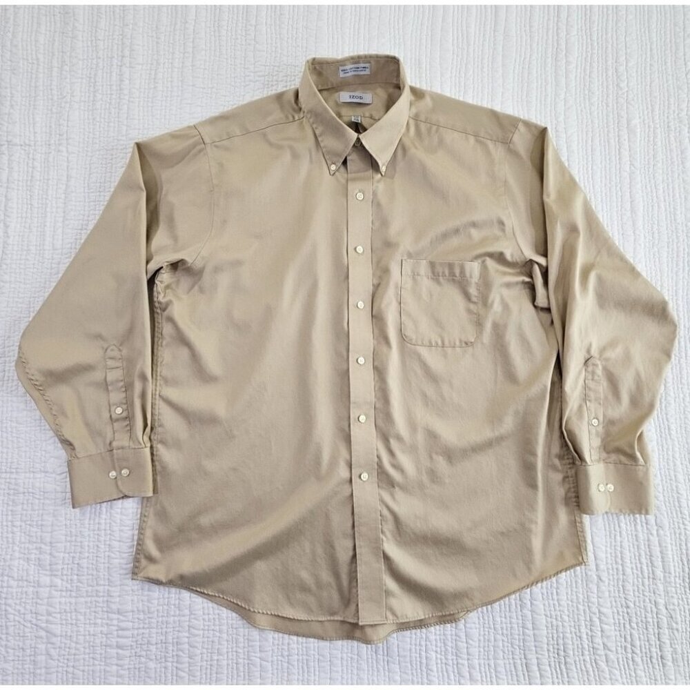 Izod‎ Easy Care Long Sleeve Cotton Twill Shirt Men's XL Tan Button-Up EUC LN